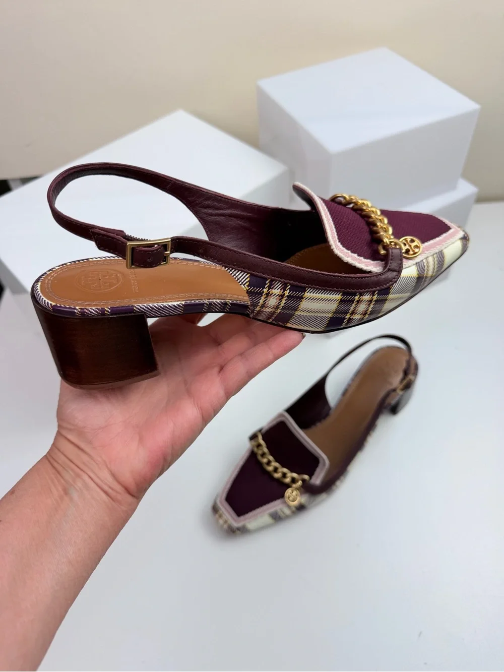 Tory Burch Mini Benton Charm Slingback Loafers Size 10.5 Plaid Burgundy
